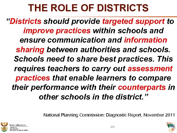 THE ROLE OF DISTRICTS “Districts should provide targeted support to improve practices within schools