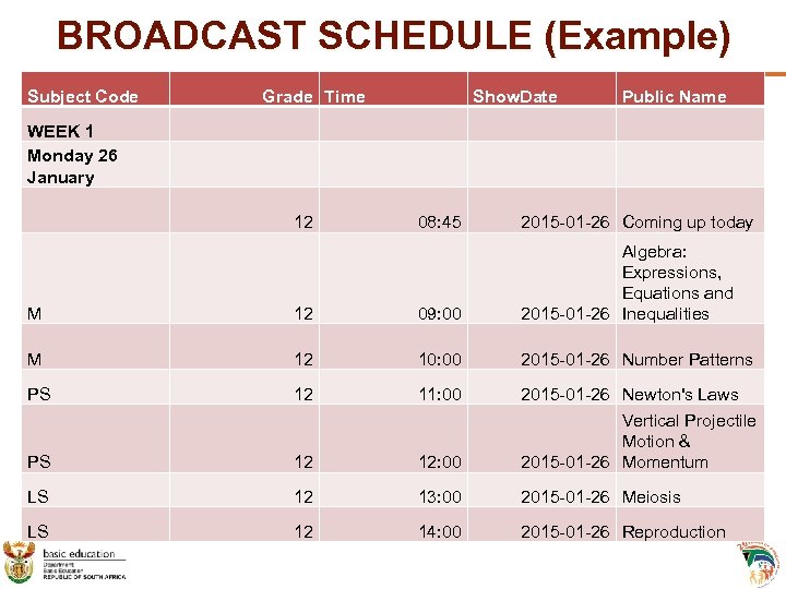 BROADCAST SCHEDULE (Example) Subject Code WEEK 1 Monday 26 January Grade Time Show. Date