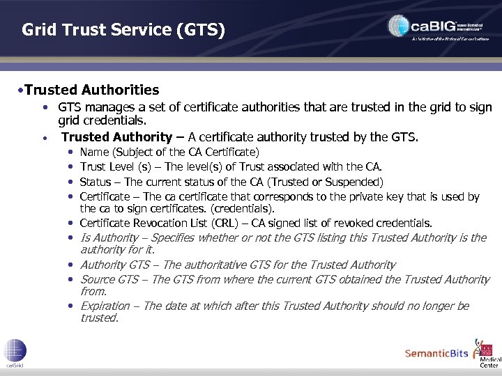 Grid Trust Service (GTS) • Trusted Authorities • GTS manages a set of certificate