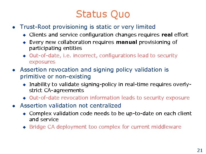 Status Quo l Trust-Root provisioning is static or very limited u u u l