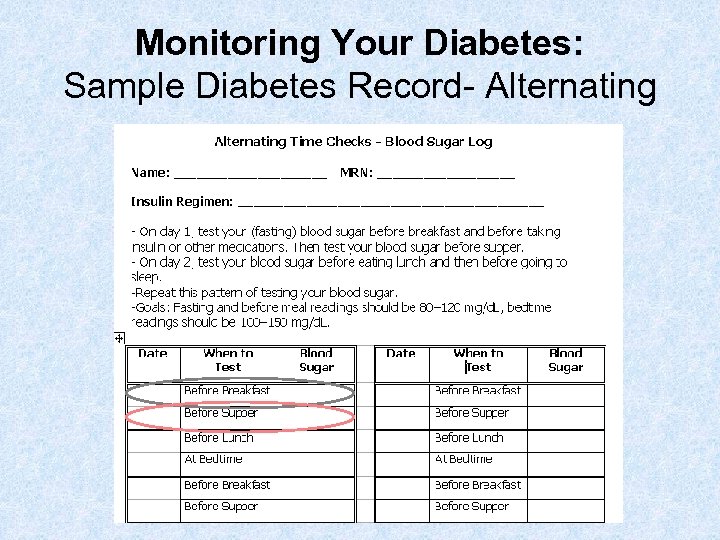 Monitoring Your Diabetes: Sample Diabetes Record- Alternating 