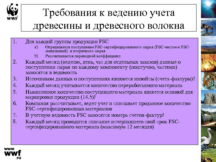 Требования к ведению учета древесины и древесного волокна 1. Для каждой группы продукции FSC