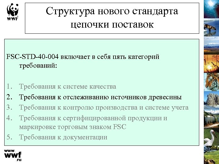 Структура нового стандарта цепочки поставок FSC-STD-40 -004 включает в себя пять категорий требований: 1.