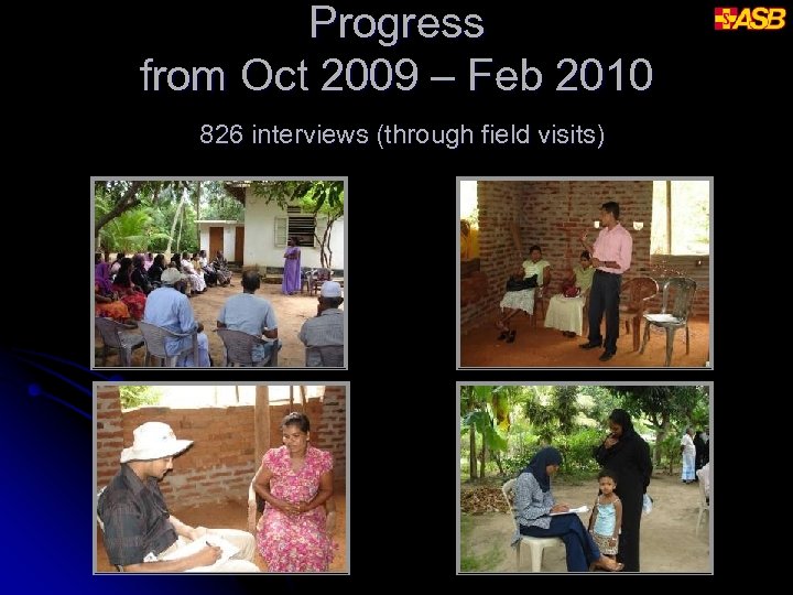 Progress from Oct 2009 – Feb 2010 826 interviews (through field visits) 