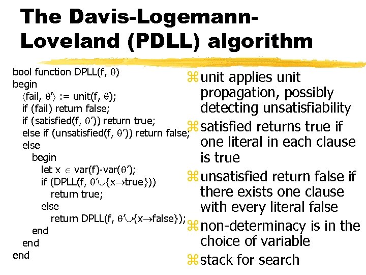 The Davis-Logemann. Loveland (PDLL) algorithm bool function DPLL(f, ) z unit applies unit begin