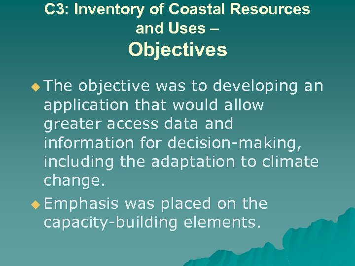 C 3: Inventory of Coastal Resources and Uses – Objectives u The objective was
