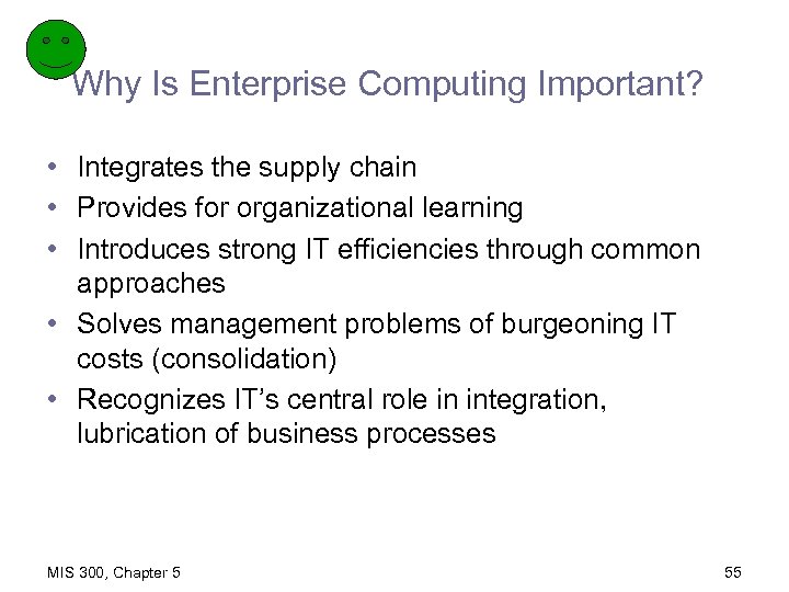 Why Is Enterprise Computing Important? • Integrates the supply chain • Provides for organizational