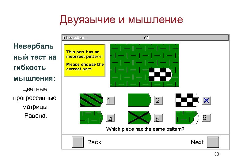 Двуязычие и мышление Невербаль ный тест на гибкость мышления: Цветные прогрессивные матрицы Равена. 1