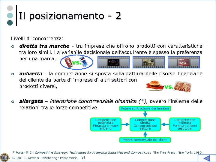 Il posizionamento - 2 Livelli di concorrenza: ¢ diretta tra marche - tra imprese
