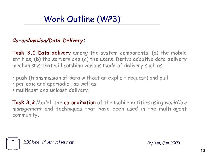 Work Outline (WP 3) Co-ordination/Data Delivery: Task 3. 1 Data delivery among the system