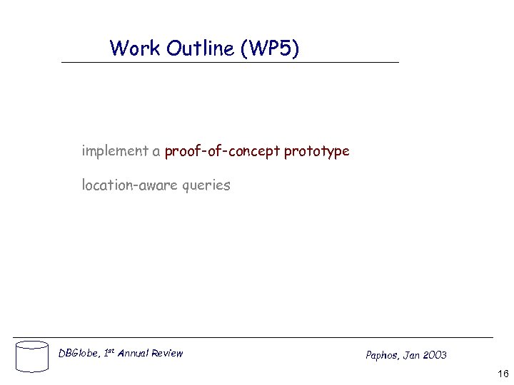 Work Outline (WP 5) implement a proof-of-concept prototype location-aware queries DBGlobe, 1 st Annual