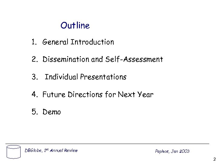 Outline 1. General Introduction 2. Dissemination and Self-Assessment 3. Individual Presentations 4. Future Directions