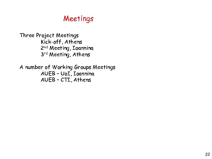 Meetings Three Project Meetings Kick-off, Athens 2 nd Meeting, Ioannina 3 rd Meeting, Athens