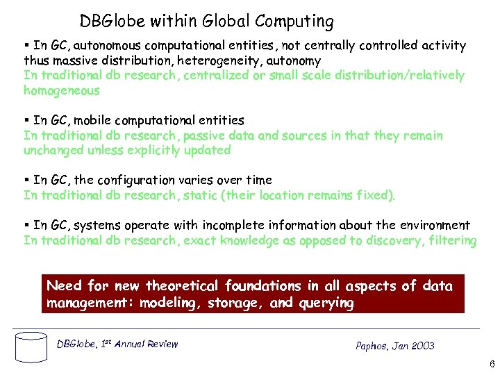 DBGlobe within Global Computing § In GC, autonomous computational entities, not centrally controlled activity