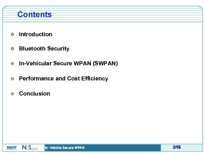 Contents Introduction Bluetooth Security In-Vehicular Secure WPAN (SWPAN) Performance and Cost Efficiency Conclusion In-Vehicle