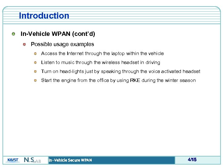 Introduction In-Vehicle WPAN (cont’d) Possible usage examples Access the Internet through the laptop within