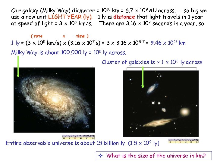 Our galaxy (Milky Way) diameter = 1018 km = 6. 7 x 109 AU