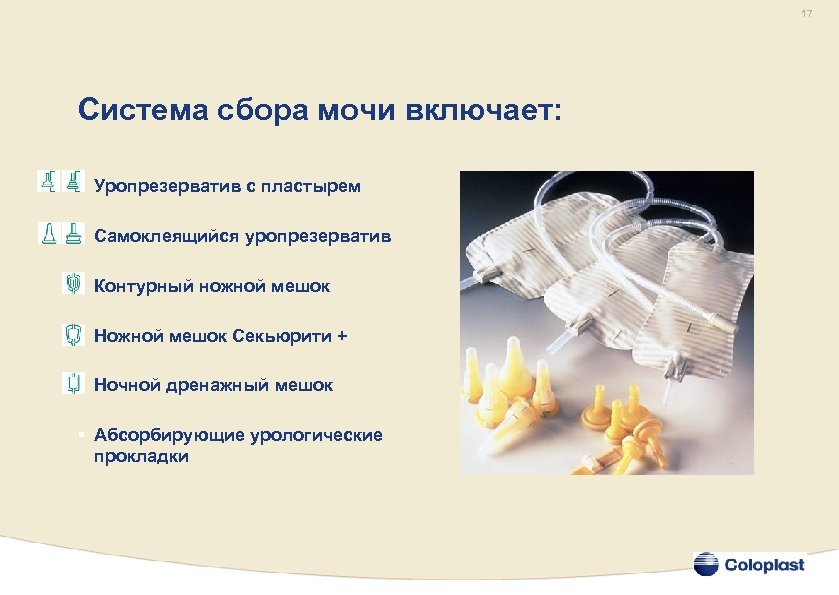 17 Система сбора мочи включает: § Уропрезерватив с пластырем § Самоклеящийся уропрезерватив § Контурный