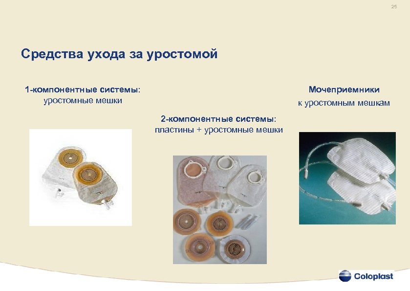 25 Средства ухода за уростомой 1 -компонентные системы: уростомные мешки Мочеприемники к уростомным мешкам
