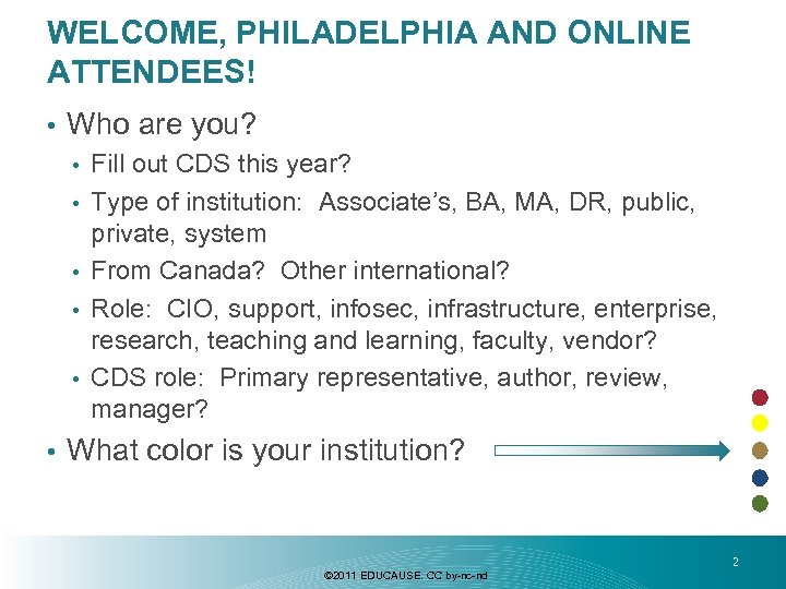 WELCOME, PHILADELPHIA AND ONLINE ATTENDEES! • Who are you? • • • Fill out