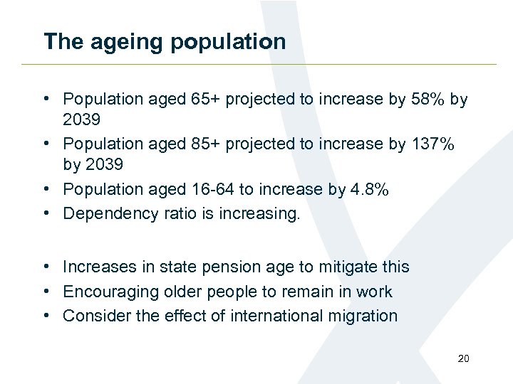 The ageing population • Population aged 65+ projected to increase by 58% by 2039