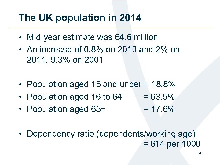 The UK population in 2014 • Mid-year estimate was 64. 6 million • An