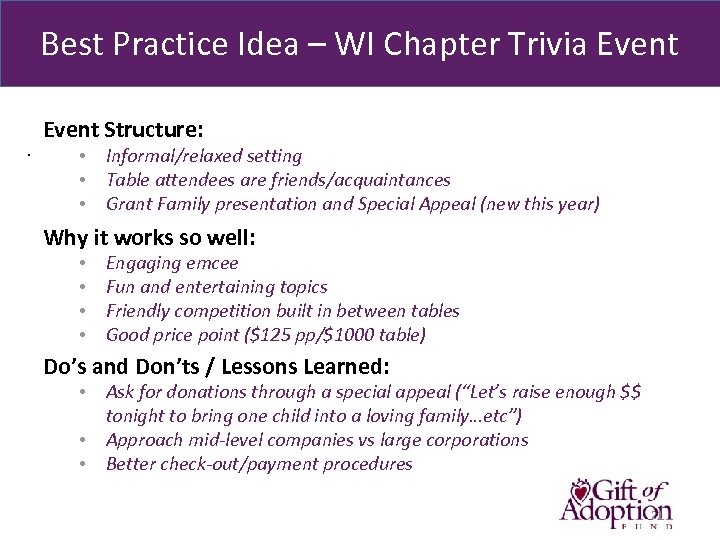 Best Practice Idea – WI Chapter Trivia Event Structure: • • • Informal/relaxed setting