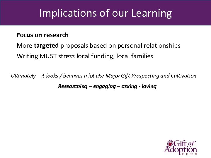 Implications of our Learning Focus on research More targeted proposals based on personal relationships