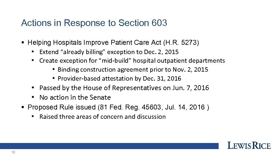 Actions in Response to Section 603 § Helping Hospitals Improve Patient Care Act (H.