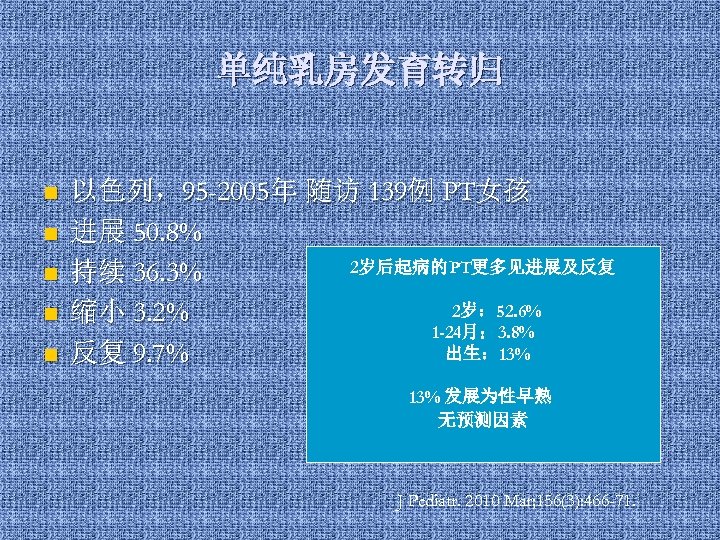 单纯乳房发育转归 n n n 以色列，95 -2005年 随访 139例 PT女孩 进展 50. 8% 2岁后起病的PT更多见进展及反复 持续