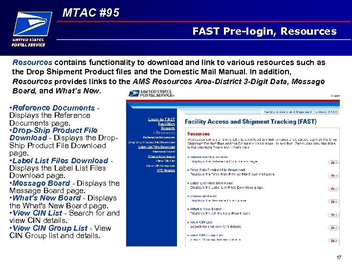 MTAC #95 FAST Pre-login, Resources contains functionality to download and link to various resources