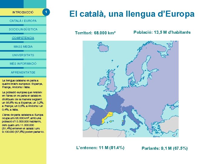 PRESENTACIÓ INTRODUCCIÓ 1 El català, una llengua d’Europa CATALÀ I EUROPA SOCIOLINGÜÍSTICA Territori: 68.
