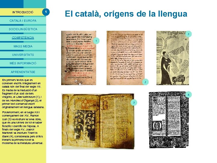 PRESENTACIÓ INTRODUCCIÓ 1 El català, orígens de la llengua CATALÀ I EUROPA SOCIOLINGÜÍSTICA 3