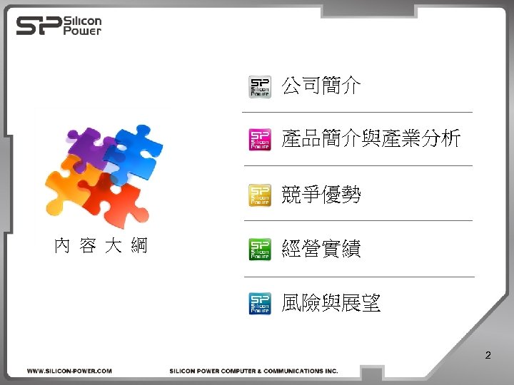 公司簡介 產品簡介與產業分析 競爭優勢 內 容 大 綱 經營實績 風險與展望 2 