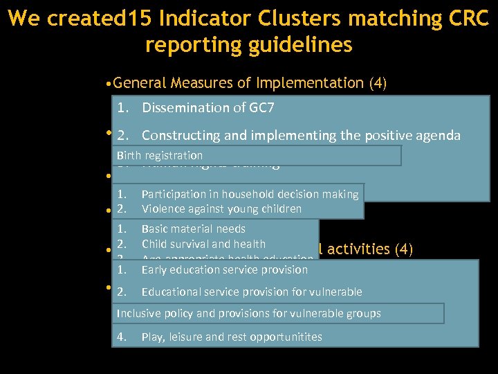 We created 15 Indicator Clusters matching CRC reporting guidelines • General Measures of Implementation