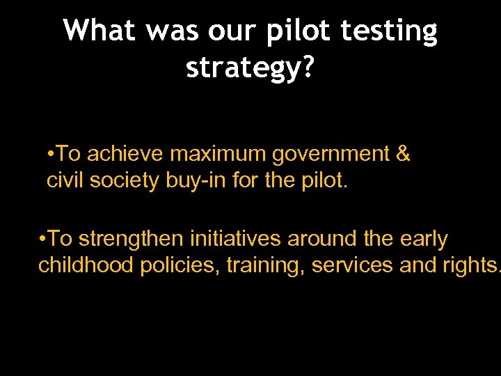 What was our pilot testing strategy? • To achieve maximum government & civil society