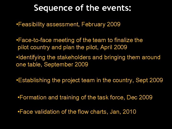 Sequence of the events: • Feasibility assessment, February 2009 • Face-to-face meeting of the