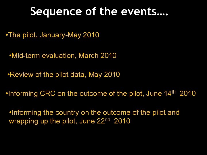 Sequence of the events…. • The pilot, January-May 2010 • Mid-term evaluation, March 2010