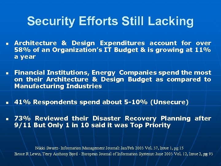 Security Efforts Still Lacking n n Architecture & Design Expenditures account for over 58%