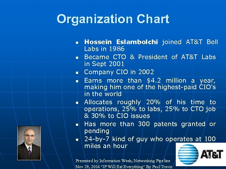 Organization Chart n n n n Hossein Eslambolchi joined AT&T Bell Labs in 1986