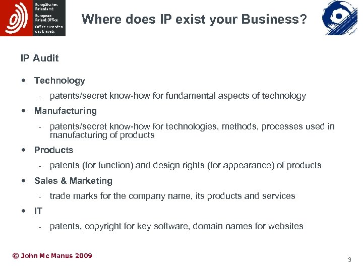 Where does IP exist your Business? IP Audit Technology - patents/secret know-how for fundamental