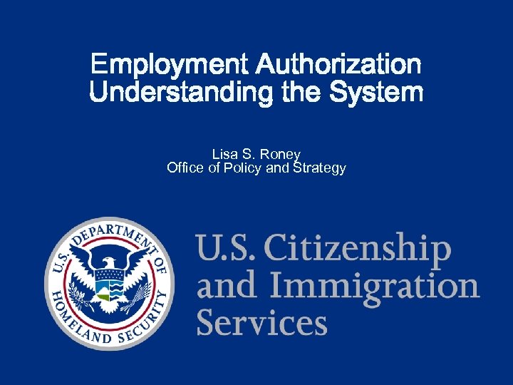 Employment Authorization Understanding the System Lisa S. Roney Office of Policy and Strategy 
