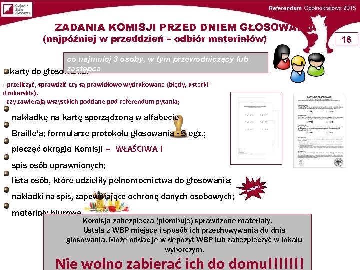 ZADANIA KOMISJI PRZED DNIEM GŁOSOWANIA (najpóźniej w przeddzień – odbiór materiałów) co najmniej 3