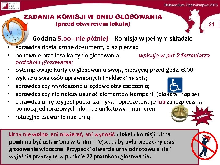 ZADANIA KOMISJI W DNIU GŁOSOWANIA (przed otwarciem lokalu) 21 Godzina 5. oo - nie