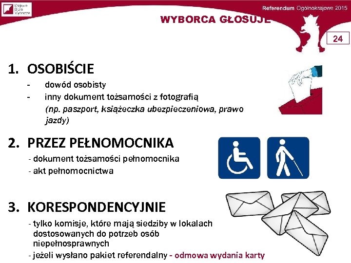 WYBORCA GŁOSUJE 24 1. OSOBIŚCIE - dowód osobisty inny dokument tożsamości z fotografią (np.