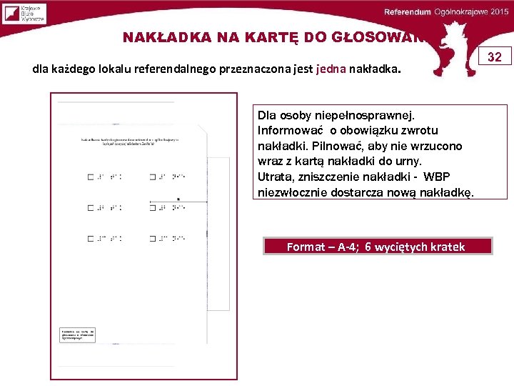 NAKŁADKA NA KARTĘ DO GŁOSOWANIA dla każdego lokalu referendalnego przeznaczona jest jedna nakładka. Dla