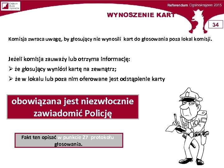 WYNOSZENIE KART 34 Komisja zwraca uwagę, by głosujący nie wynosili kart do głosowania poza