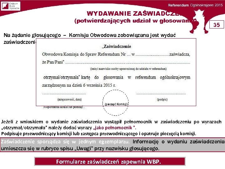 WYDAWANIE ZAŚWIADCZEŃ (potwierdzających udział w głosowaniu) 35 Na żądanie głosującego -- Komisja Obwodowa zobowiązana