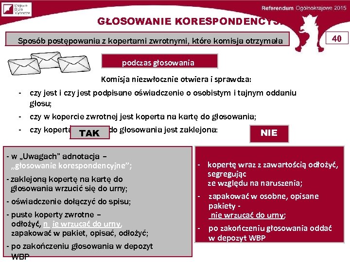GŁOSOWANIE KORESPONDENCYJNE Sposób postępowania z kopertami zwrotnymi, które komisja otrzymała 40 podczas głosowania Komisja