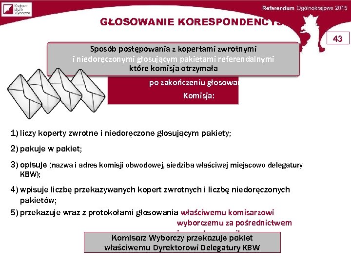 GŁOSOWANIE KORESPONDENCYJNE Sposób postępowania z kopertami zwrotnymi i niedoręczonymi głosującym pakietami referendalnymi które komisja